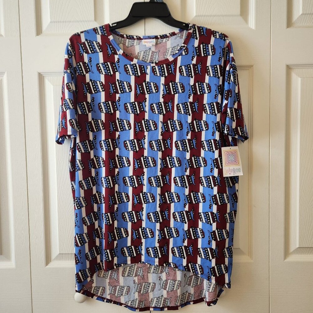 LuLaRoe Womens Patriotic Map Print High-Low IRMA Top Size S Red White & Blue NWT